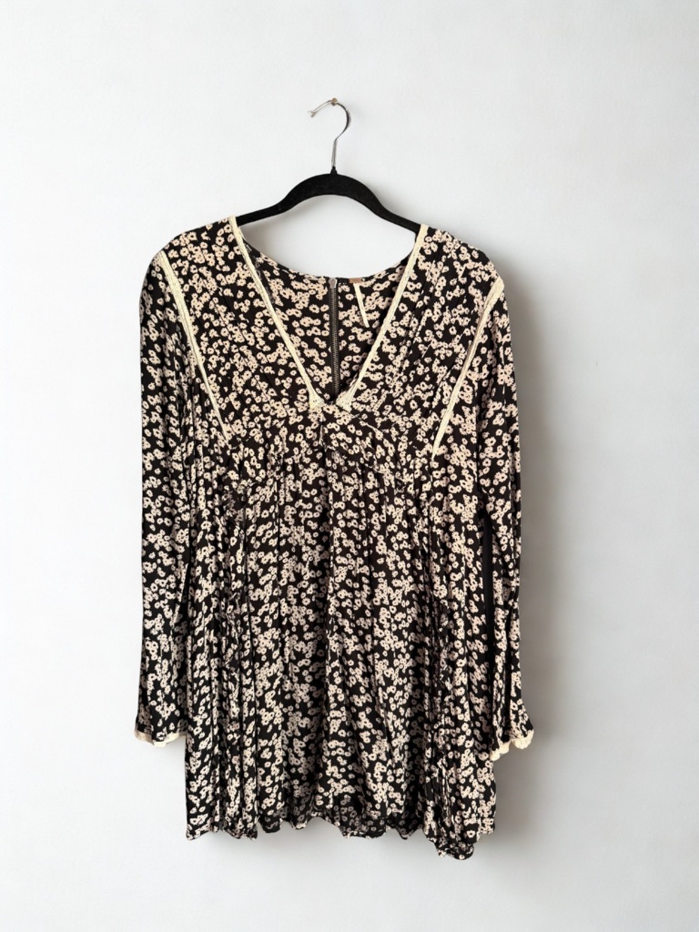 Free People Black Dress with Cream Floral Trim